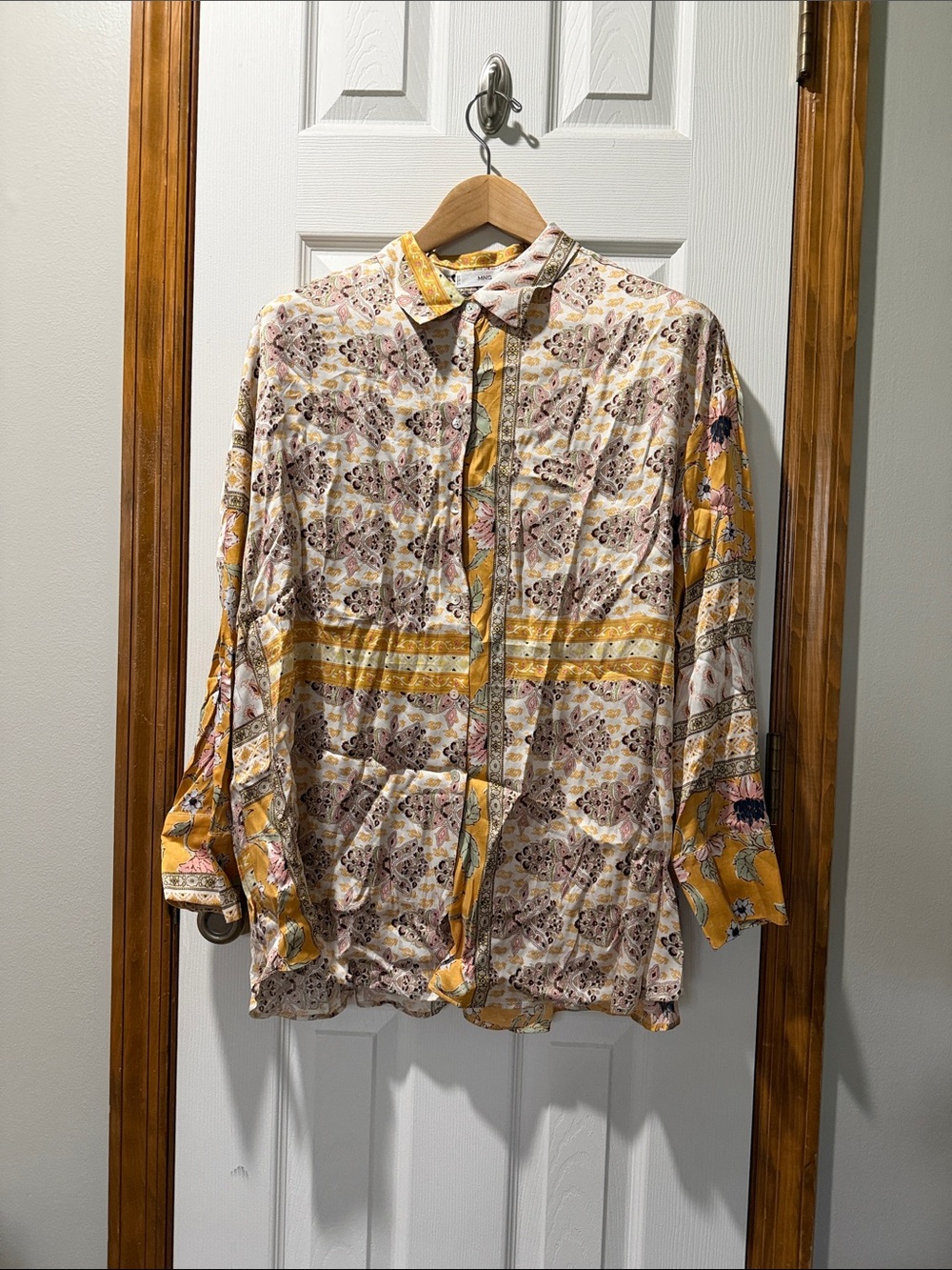 Mango Yellow and Cream Floral Paisley Button-Up Blouse